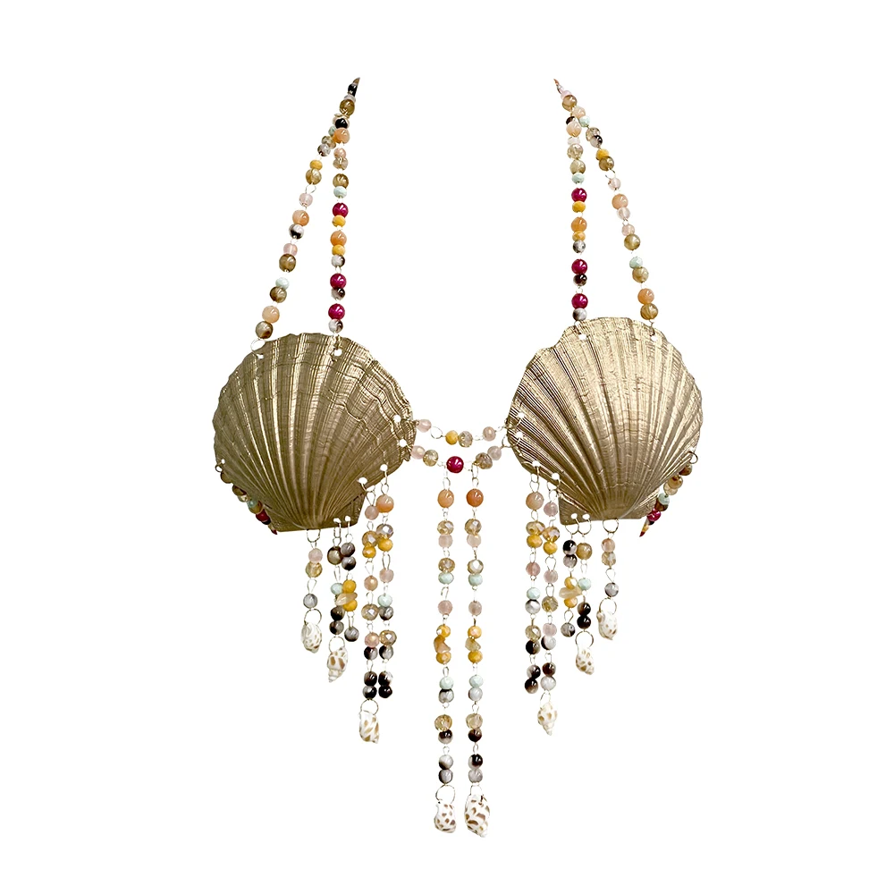 XYMY Handmade bra for island vacations featuring natural seashell spray painting acrylic beading and tassel embellishments