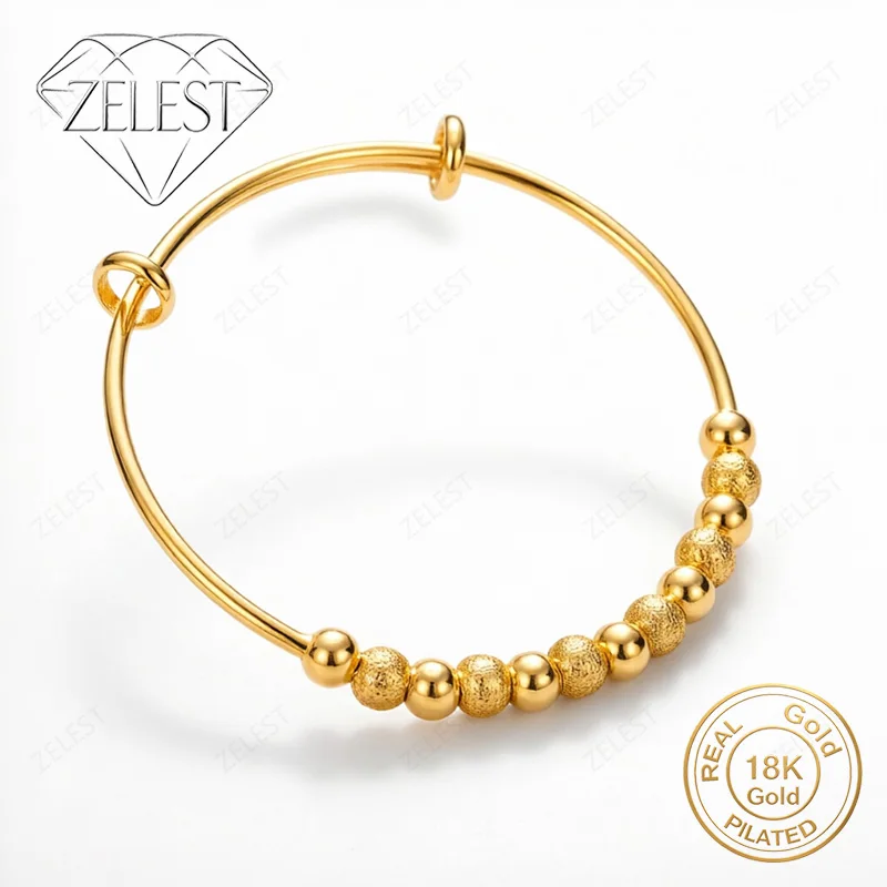 925 Sterling Silver 18K Gold Plated Exquisite Bright and Frosted Bead Bangle Women's Fashion Wedding Party Jewelry