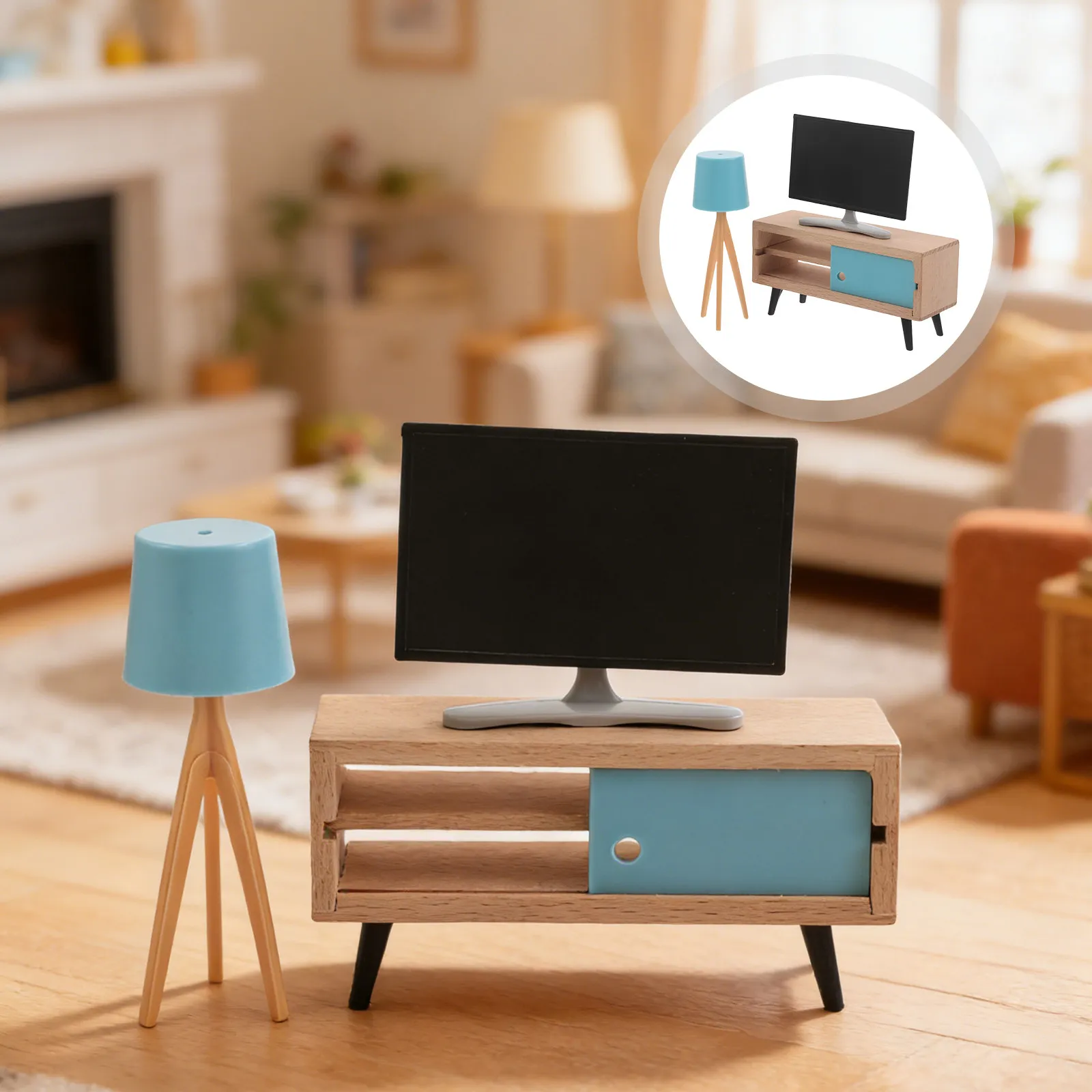 

Набор миниатюрной мебели для кукольного домика: деревянная тумба под телевизор, синий комод, мини-телевизор, напольная лампа, аксессуары для гостиной, игрушечный домик