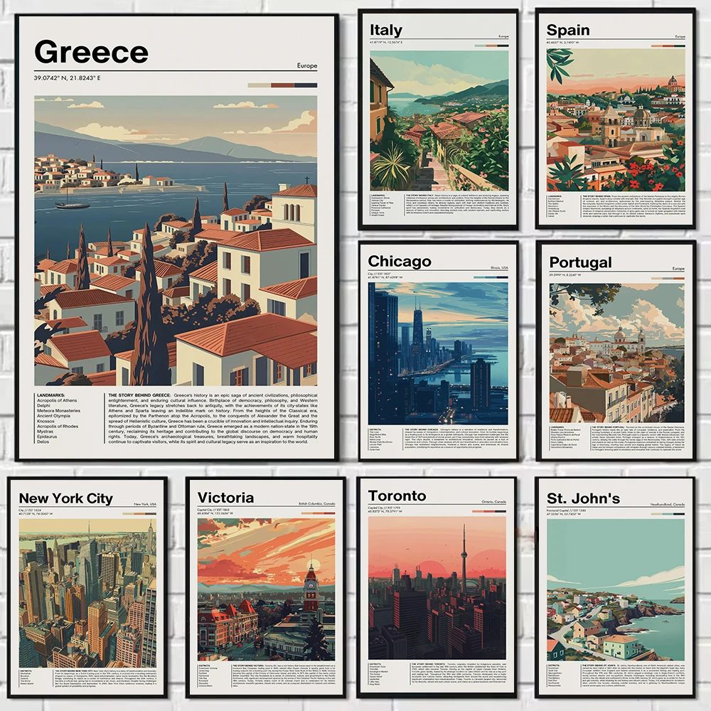 Vintage Greece Italy Spain Travel Poster Retro City Poster Canvas Painting Home Room Decoration Pictures Cuadros