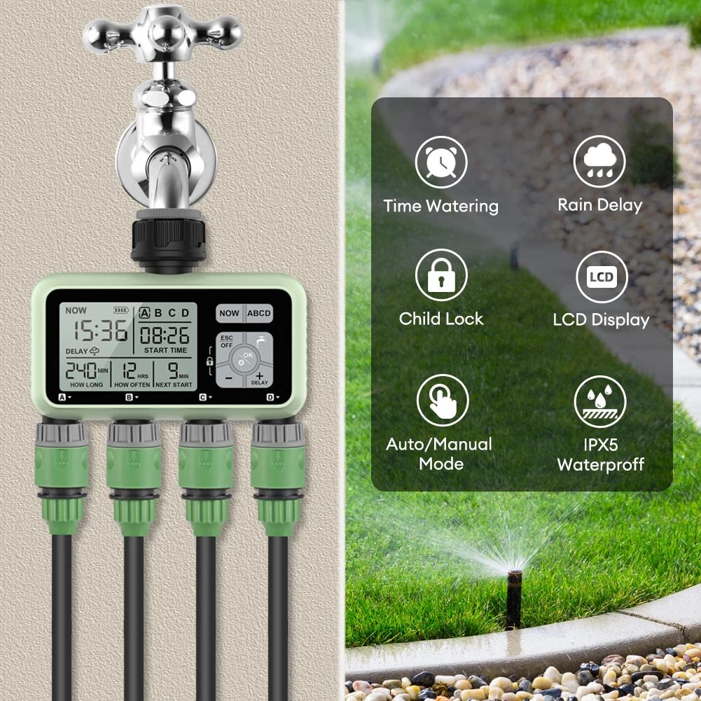 

Professional Outdoor 4 Zones Large Screen Garden Lawn Intelligent Automatic Irrigation Watering Timer