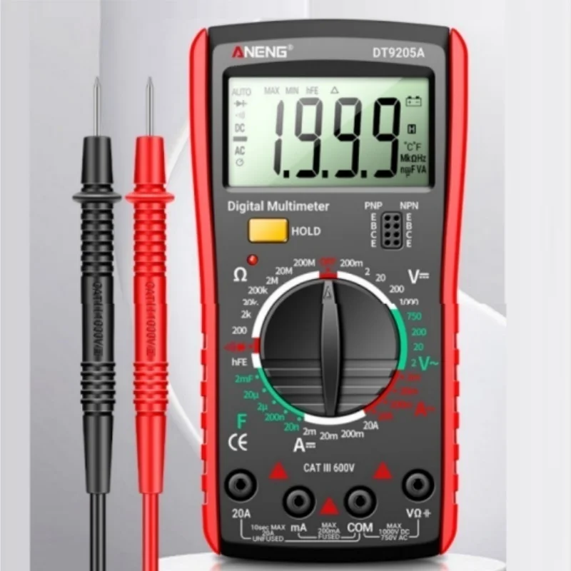 Portable LCD Digital Multimeter AC/DC Voltage Diode Tester Current Resistance Meter Ammeter Multitester with Test Probe  DT9205A