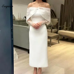 White Evening Gowns Sexy Off Shoulder Midi Prom Dress Elegant Long Sleeve Arabic Sheath Women Formal Occasion Wedding Customized