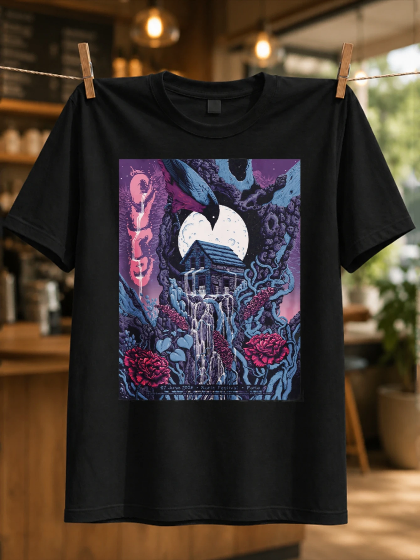 Fantasy Moon Cabin purple blue forest house with waterfall flowers and glowing moon surreal night  Unisex All T-Shirt