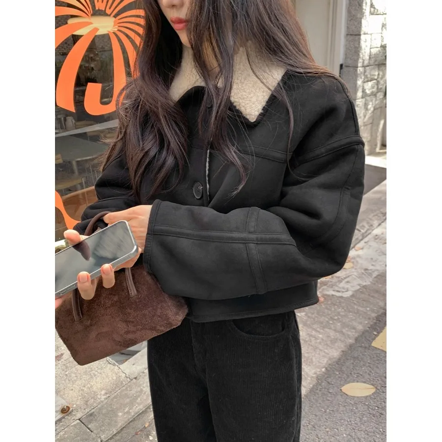 

Корейская винтажная модная верхняя одежда на раннюю весну с коротким воротником из овечьей шерсти, на одной пуговице, универсальная, теплая, прямого кроя