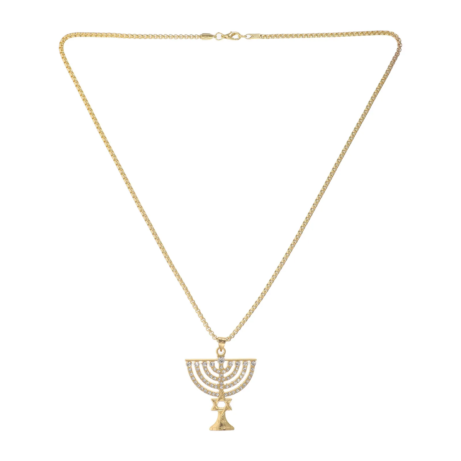 

Rhinestone Star of David and Menorah Pendant Necklace - Elegant Gold Tone Chanukah Jewelry for , Religious Gift,