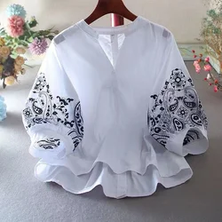 Fashion Embroidery Flower Literature Cotton Shirt Women's Shirt Summer V-neck Half Sleeve Lace Thin Top Women's Shirt 2023