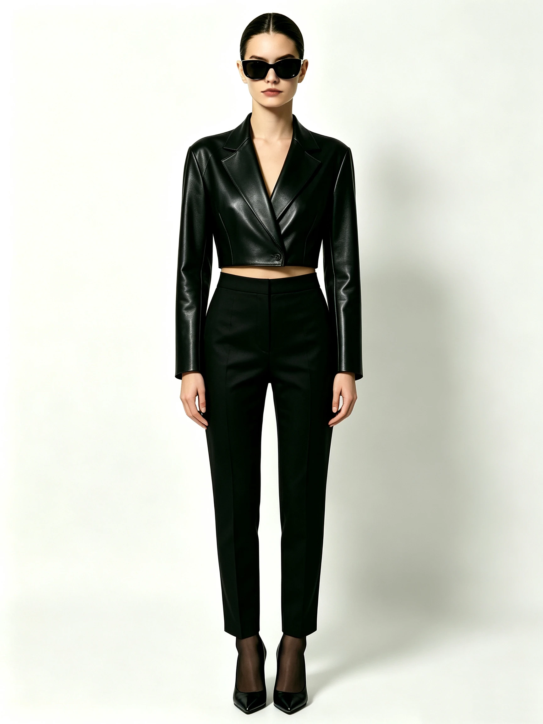 Women's Cropped Faux Leather Blazer with Notch Lapel and Single Button Closure