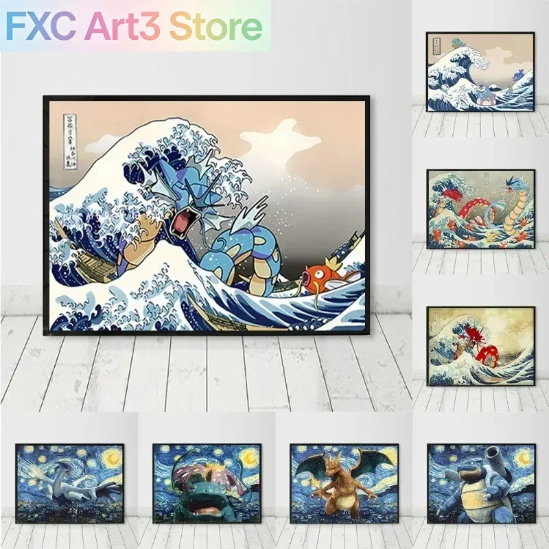 Frameless,Pikachu Poster Ukiyo-e Kobe River Surfing, Starry Night Elves, Pokémon, Anime Canvas Painting, Modern Room Decoration