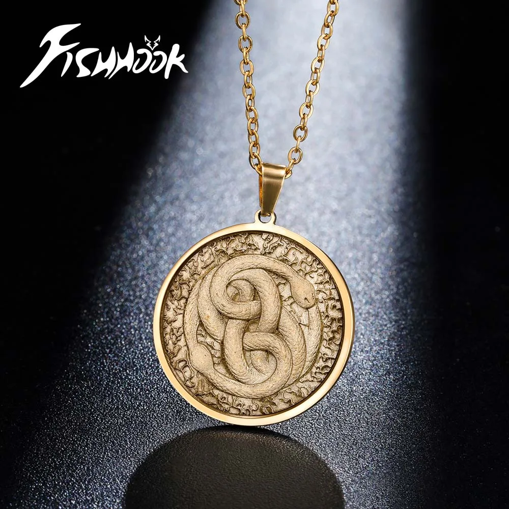 Vintage Intertwined Snake Coin Necklace Supernatural Amulet Chain For Woman Men Pendant Copper Antique Bronze Punk Angel Jewelry