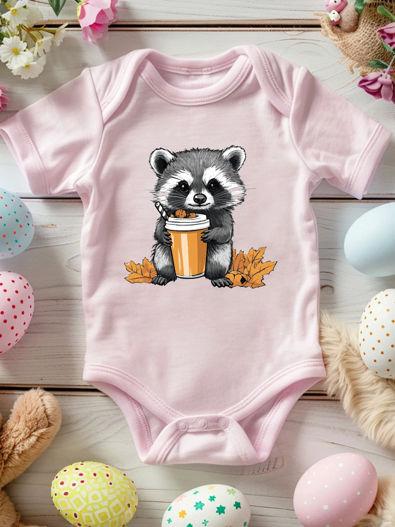 

Милый комбинезон-слип для малышей унисекс с изображением енота и напитком, 100% хлопок, мягкий, всесезонный, розовый, 190 г/м²