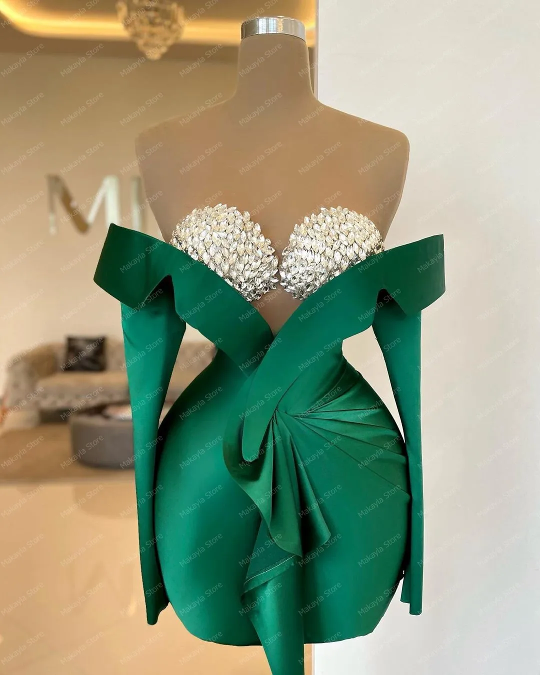 Impresionante vestido de fiesta verde con diamantes, manga larga, Mini vestido de noche plisado corto con cuentas de cristales, imagen Real, 2023