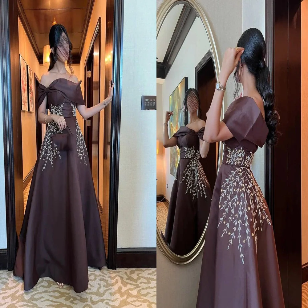 

Glamorous Off Shoulder Satin Saudi Arab Dress with Crystal A-line Backless Long Evening Gown with Train Customized