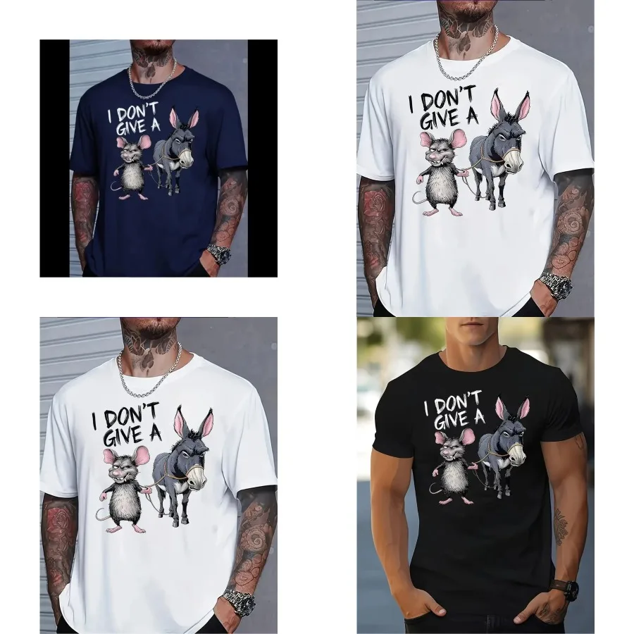 

【Хорошее качество】Классическая мужская модная повседневная футболка с принтом для взрослых, с надписью "I Don't Care" и изображением улыбающейся мыши.