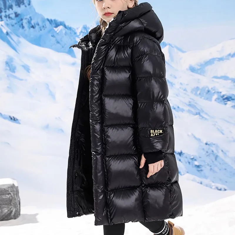 Детское пальто с капюшоном, длинное черно-золотистое утепленное хлопковое пальто, зимнее пальто до колена для детей, куртка из искусственного пуха для мальчиков и девочек