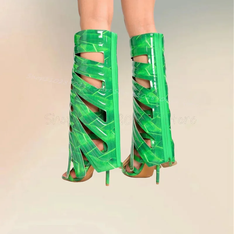 

Green Hollow Design Turned Over Open Toe Sandals Boots Back Zipper Women Shoes Thin High Heels Fashion 2025 Zapatos Para Mujere