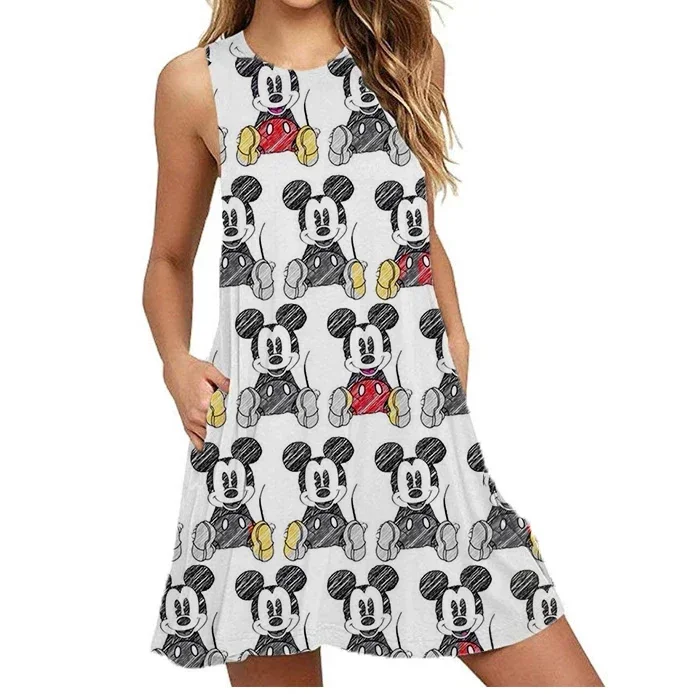 

2024 New Summer Disney Mickey Dress Women's Short Sleeve Dress Stitch Dress Disneyland Mickey And Friends Beach Dress Y2K