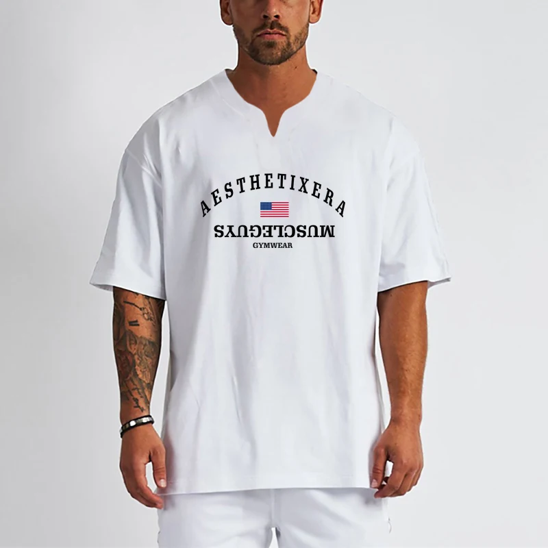 T-shirt surdimensionné à col en v pour homme, style de vie décontracté, style Streetwear Hip-Hop