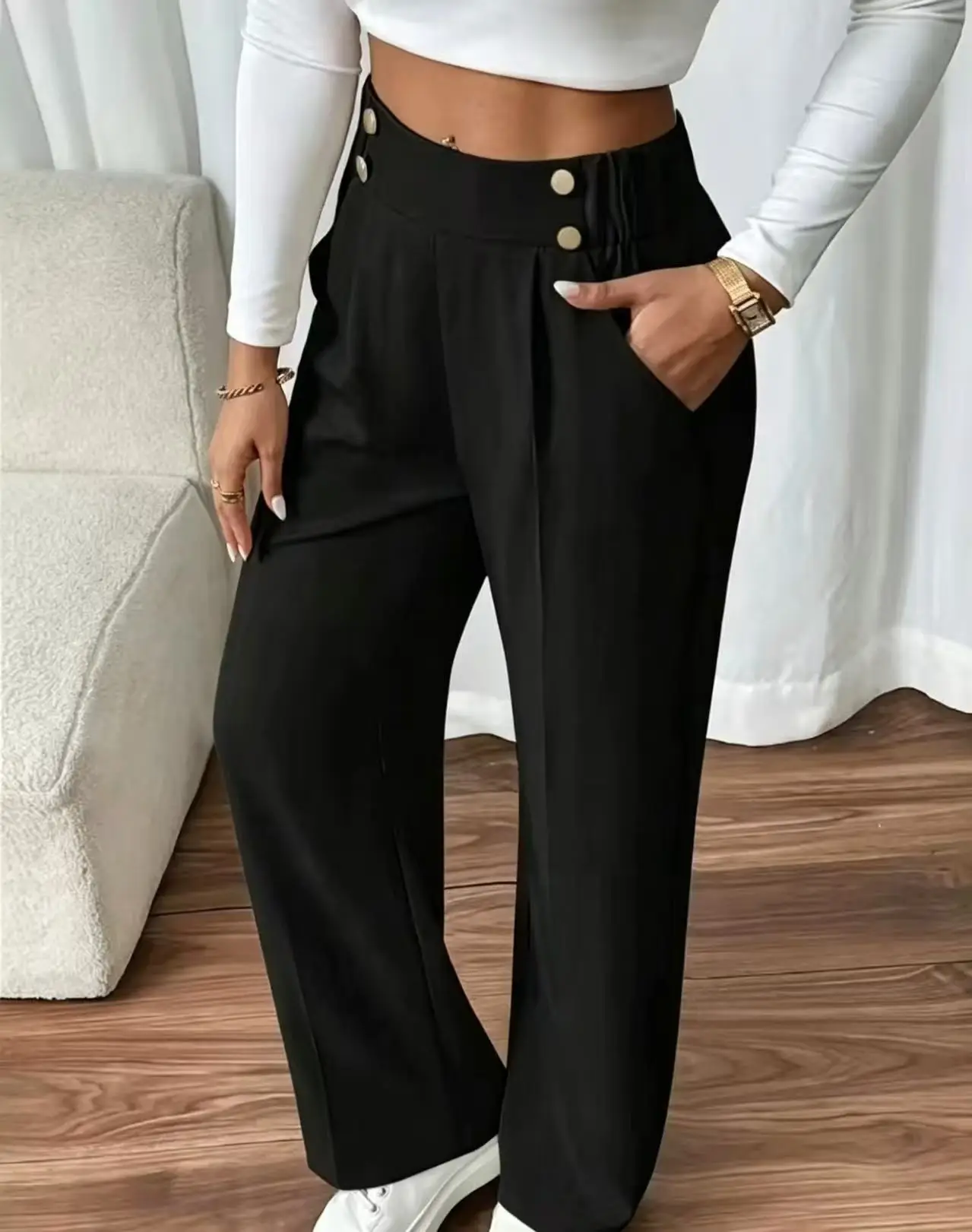 High Waist Pleated Wide Leg Pants with Double Row Metal Buttons Elastic Back Waist And Side Pockets Full-Length Casual Trousers
