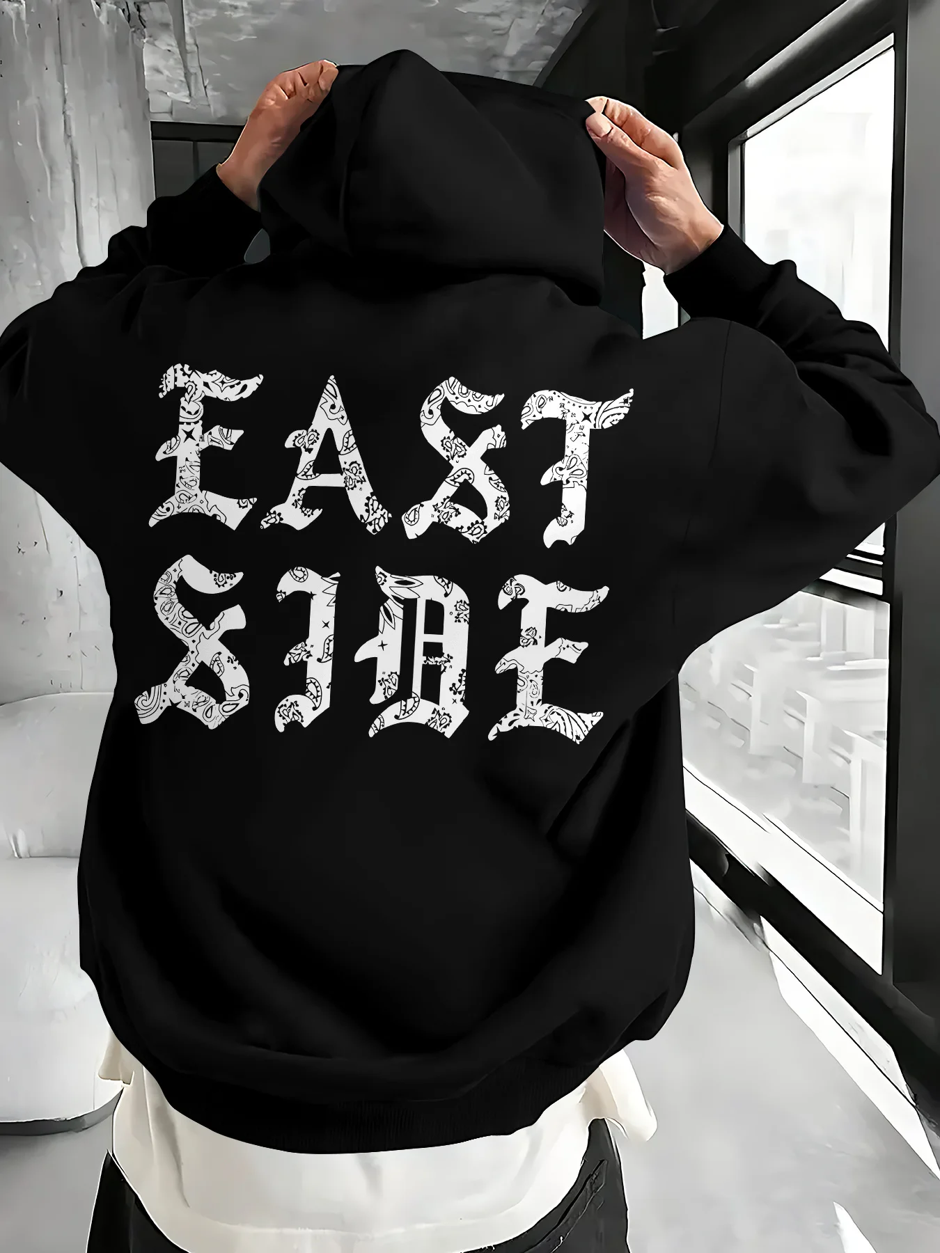 Men Sport Hip Hop Hoodie Paisley East Side Word Print Streetwear Loose Fleece Pullover Sweatshirt Trendy Casual Mens Outfit