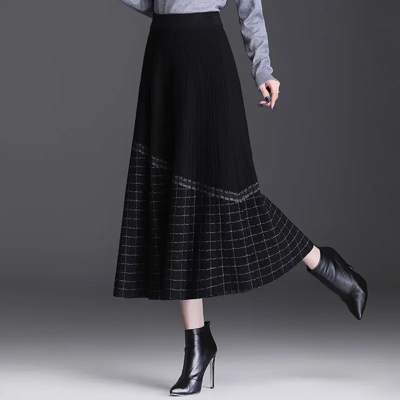 Women High Waist A Line Midi Skirt Plaid Splice Knit Patchwork Elegant Swing Long Skirt