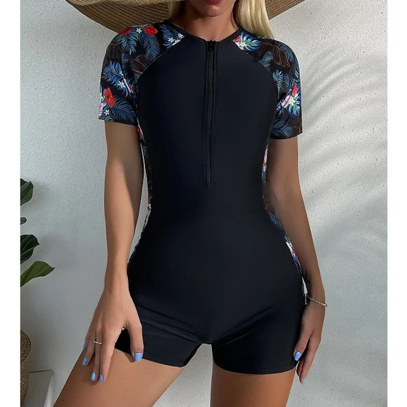 Floral Print Swimsuits Closed One-Piece Short Sleeve Swimwear Sports Surfing Pool Women Swim Bathing Suits Beachwear Bather 2024