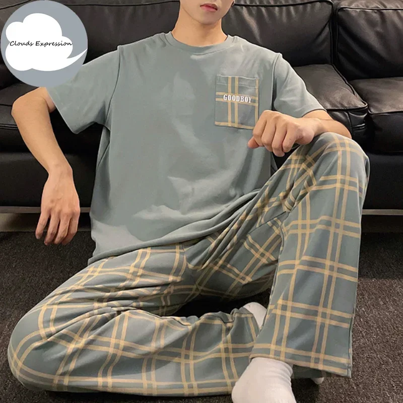 Summer Knitted Plaid Cool Mens Pyjamas Pajamas Casual Pjs Lounge Sets Masculine Sleepwear Nightwear Pijamas 3XL Homewear Fashion