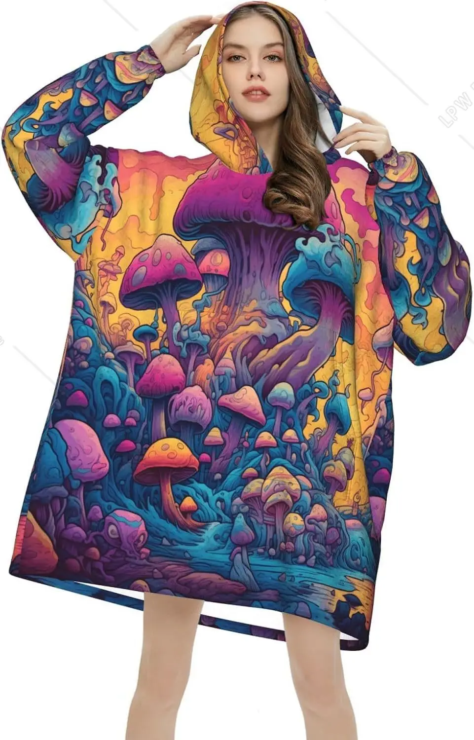 Colorful Trippy Magic Mushrooms Wearable Blanket Hoodie Oversized Sweatshirt Blanket Cozy Warm Sherpa Hooded Blanket With Pocket