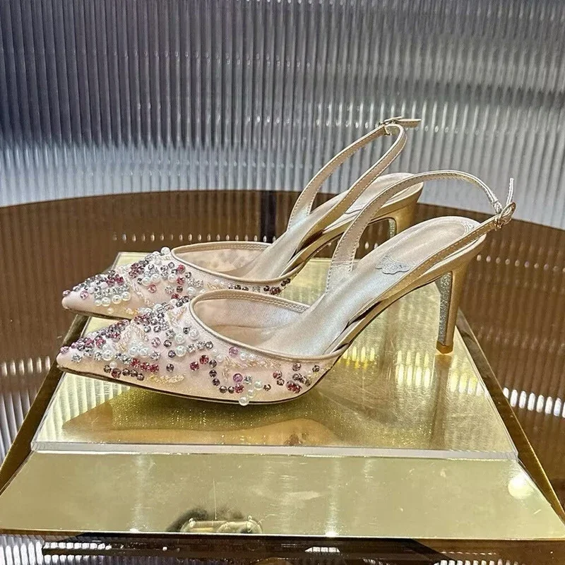 

С острым носком, сетчатые марлевые сандалии с блестящими кристаллами и декором на спине, сандалии с ремешком на пятке, женские туфли-лодочки на тонком высоком каблуке, женские пикантные вечерние модельные туфли