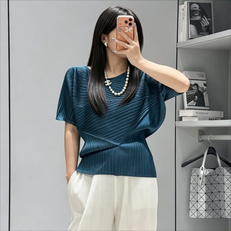 Miyake Pleated T-Shirt 2026 Summer New Simple Casual Fashion Design Short Sleeve Women's Lightweight Stretch Fold Short Top