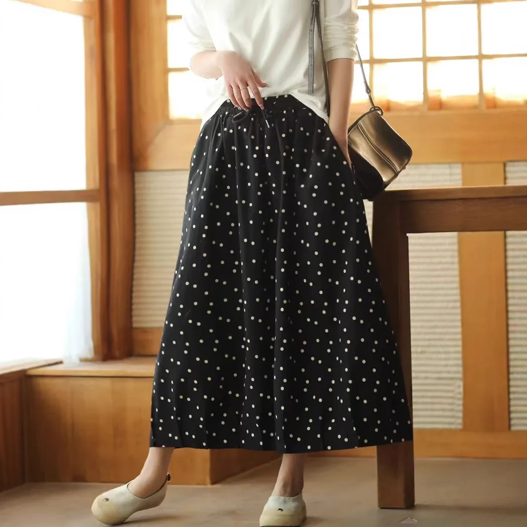 Women Spring Fashion Elastic Waist Dot Printing A-line Skirt Japan Style Vintage Fashion Loose Casual Art Trendy Mid-long Dress