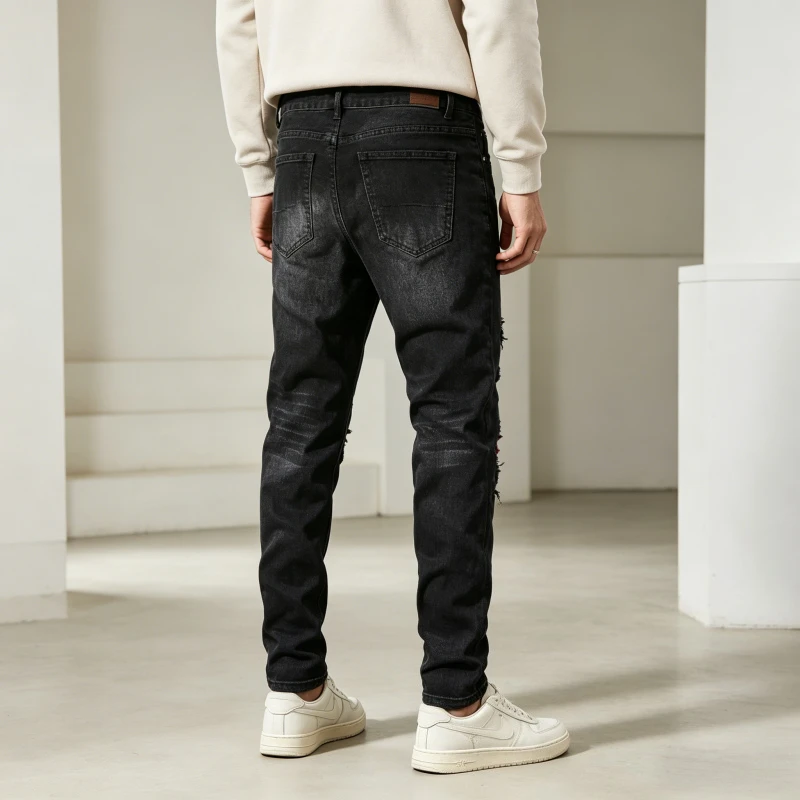 Stretch Jeans Men Mid Waist Patchwork Slim Straight Pencil Pants Washed Denims Ankle Length Trousers 2026 summer Streetwear