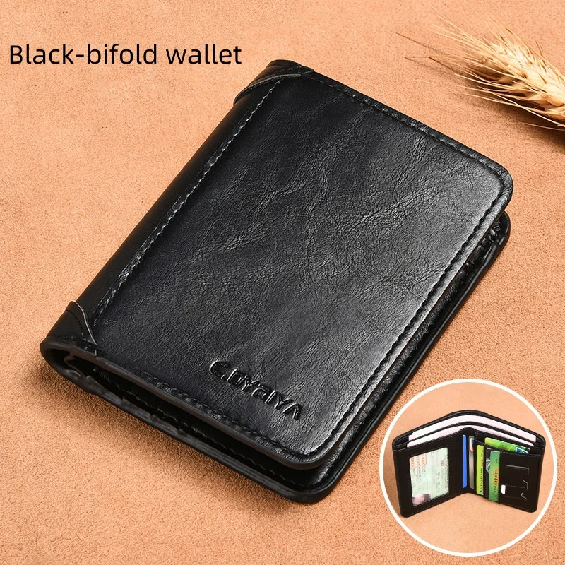 RFID carteira de couro genuíno para homens, trifold, bloqueio, fino, curto, multi função, ID, titular do cartão de crédito, bolsa masculina, dinheiro