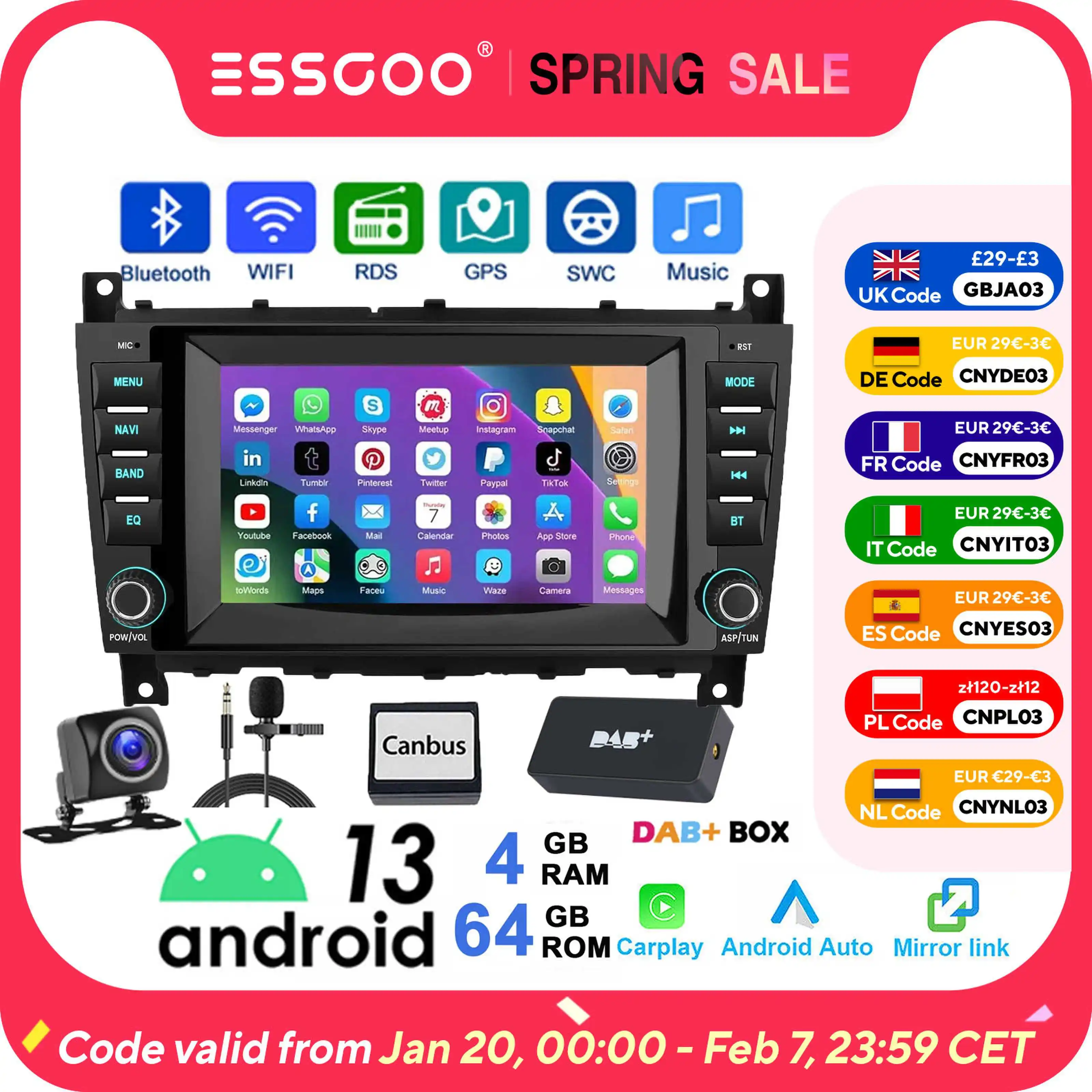 ESSGOO Car Stereo Radio Wireless Carplay Android Auto 64G Bluetooth Touchscreen GPS Navi Cam For Benz C/CLC Class W203 CLK W209