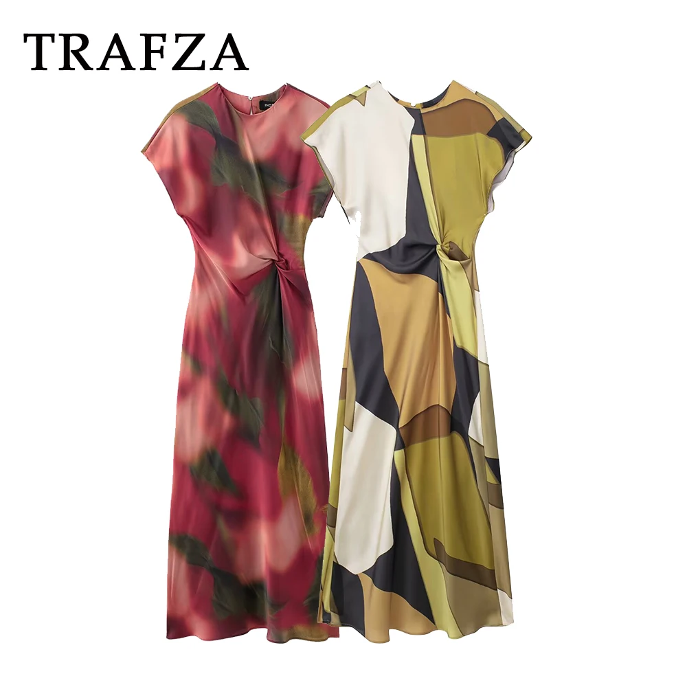 TRAFZA Chic Patchwork Spring 2025 Dress Print Midi Tank Women's Dress Long Pleated Slim Fashion Summer Elegant Holiday Vestido