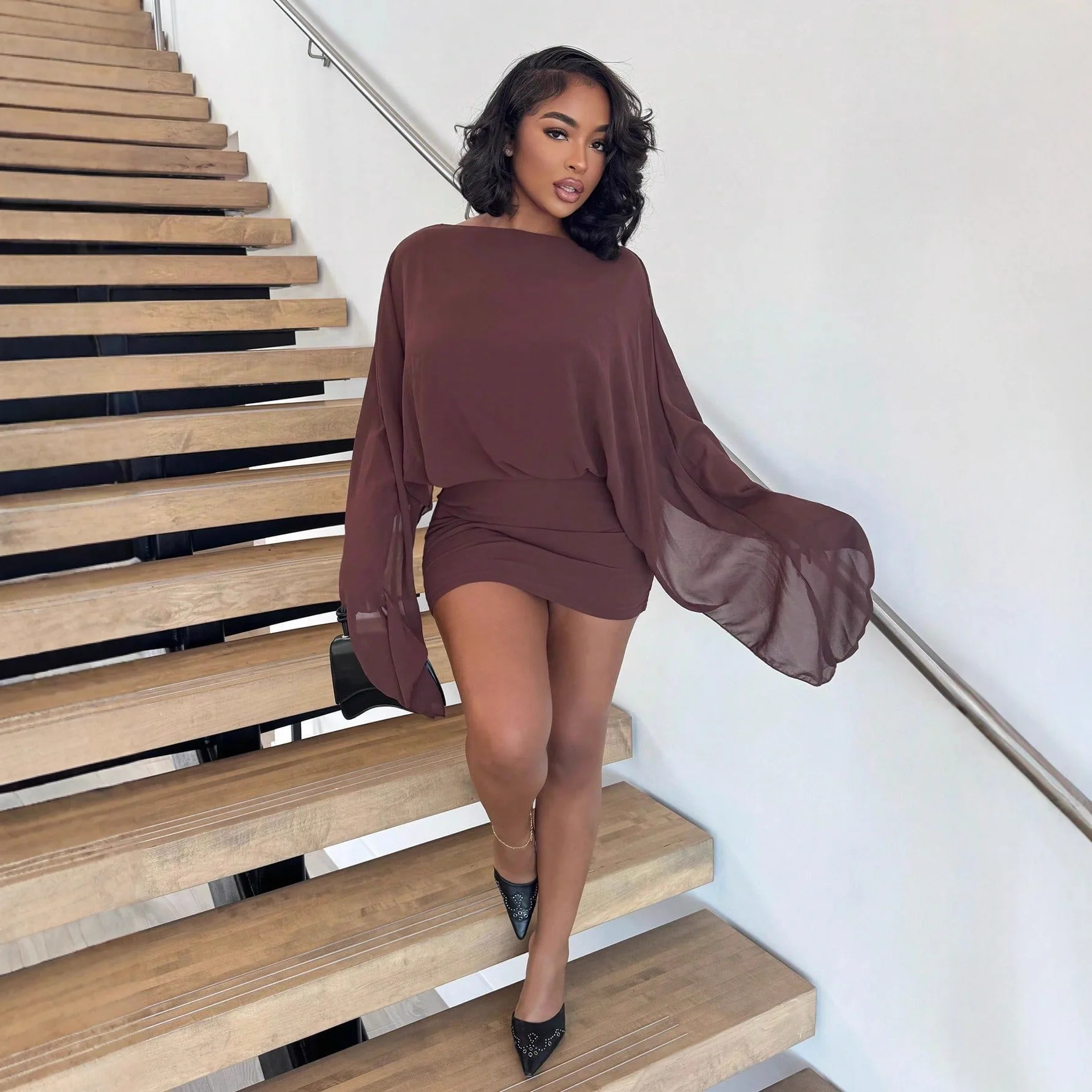 

Women's Solid Off-Shoulder Cape Mini Dress Women Fashion Summer Party Evening Chic Elegant Sexy Casual Short Dress