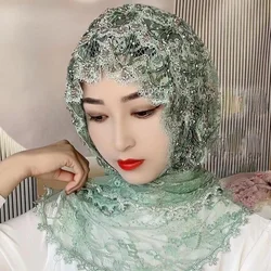 Luxury Hats For Women Lace Embroidery Arab Hijab Muslim Beading Head Scarf Wedding Headwrap Dubai Islamic Headcover Tassel Cap