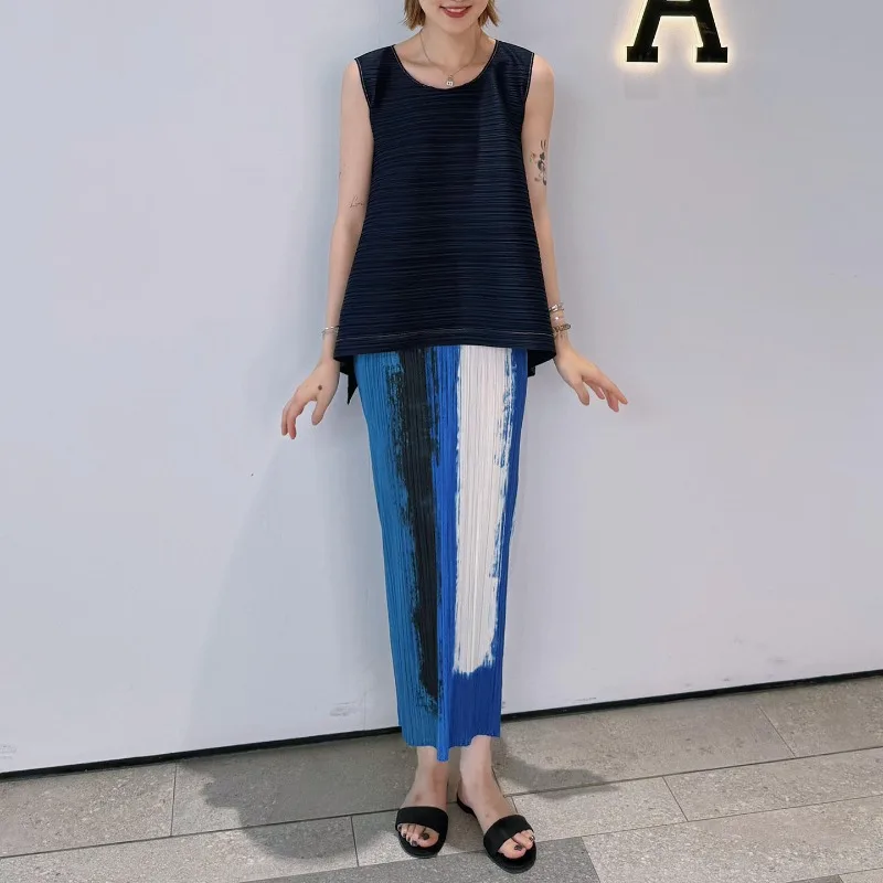 Miyake – robe plissée pour femmes, nouvelle mode rétro, mélange irrégulier imprimé, Tube droit, taille haute, jupe longue, été 2025