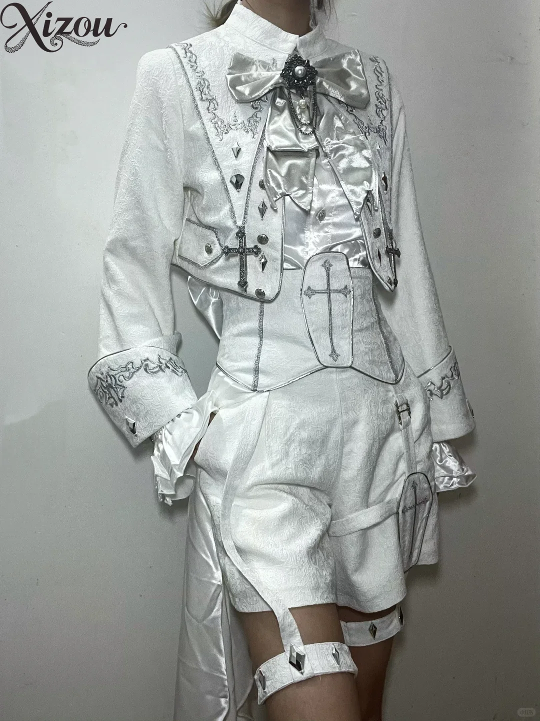 Women White Gothic Ouji Lolita Set Cropped Jacket Blouse Corset Irregular Short Pants Suit Vintage Court Neutral Outfit Spring