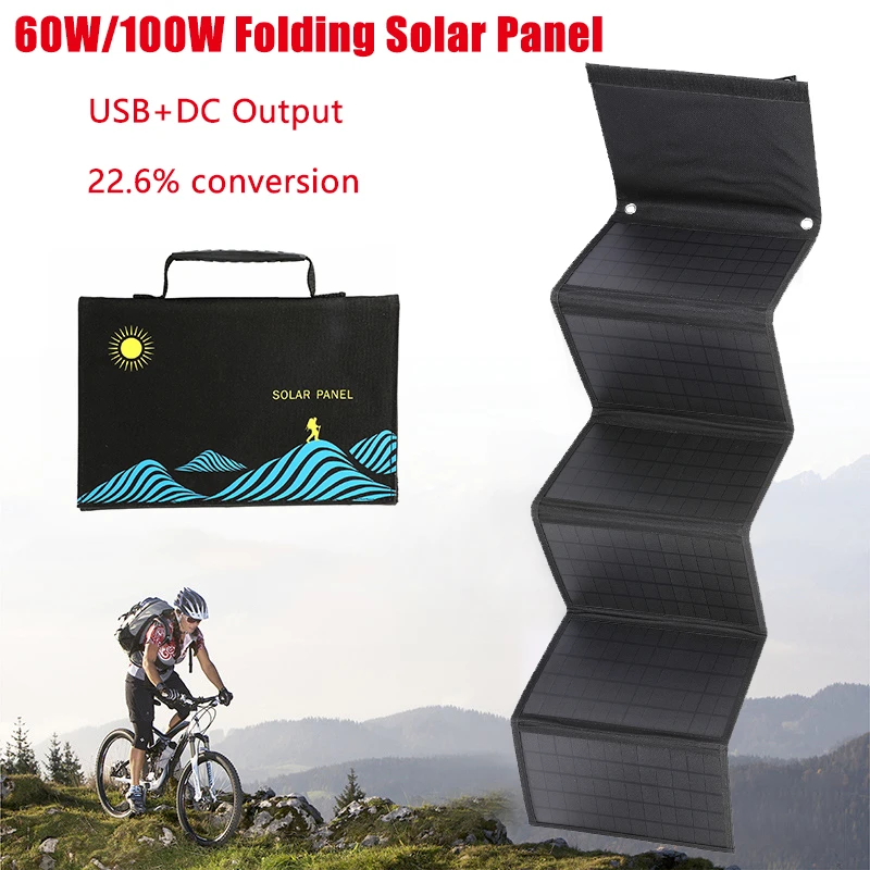 60W/100W Solar Panel Portable Folding Bag USB+DC Output Solar Charger Outdoor Power Supply for Mobile Phone Power Generator