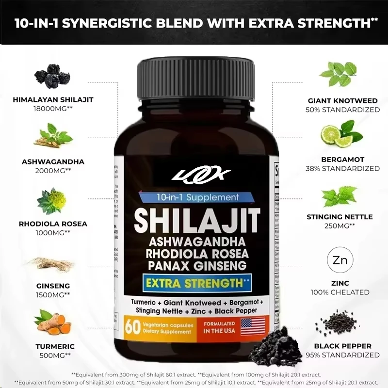Shilajit Pure Himalaya 18000 ملي جرام، 60 كبسولة رجالية تحتوي على الباذنجان في جنوب أفريقيا في حالة سكر، الروديولا، الجينسنغ، والمقراص