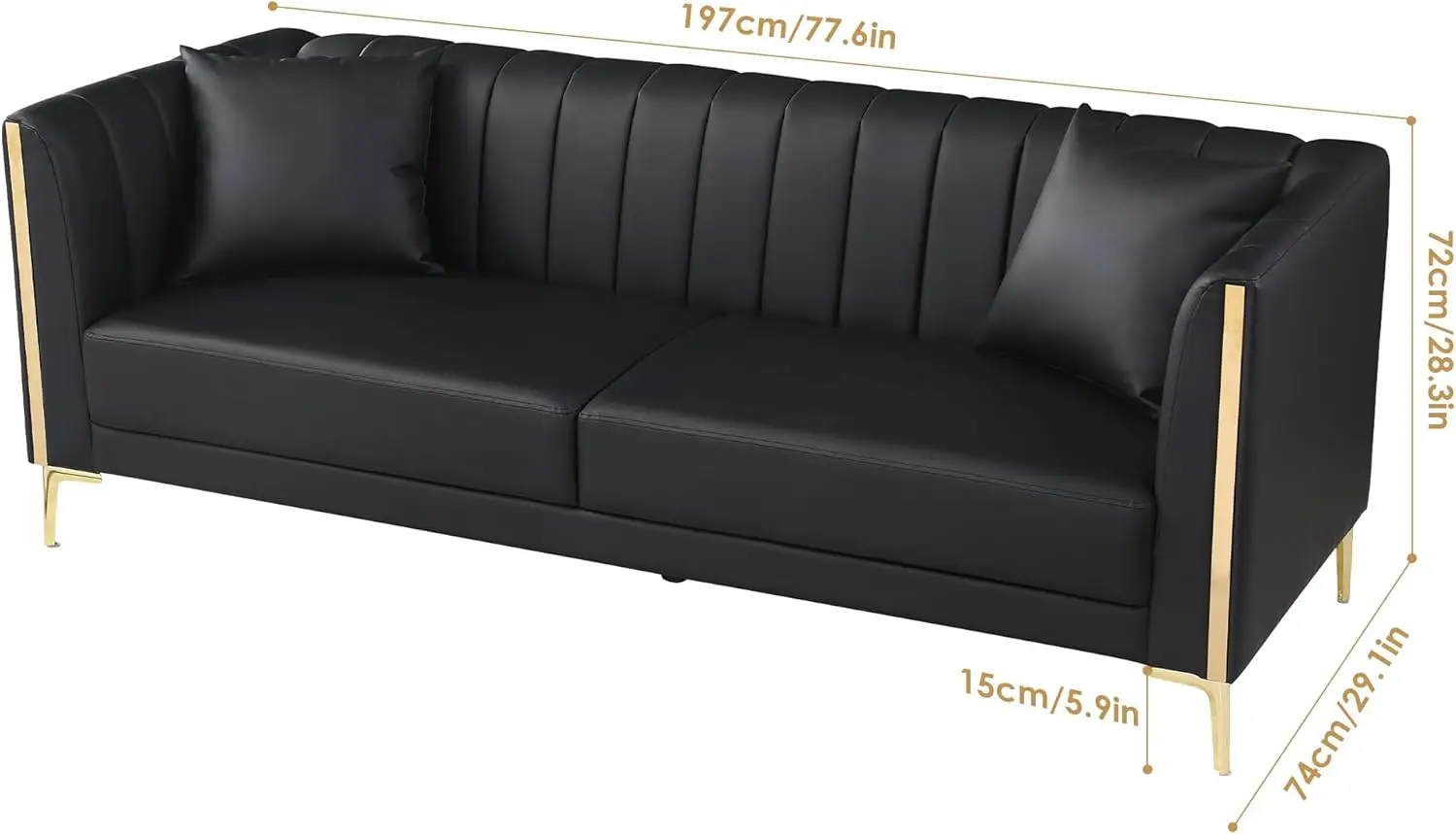 78'' Sofa, Black Sofas Couches for Living Room, Comfy Sofa Faux Leather Sofa 3 Seater Sofa with 2 Throw Pillows and Gold Meta