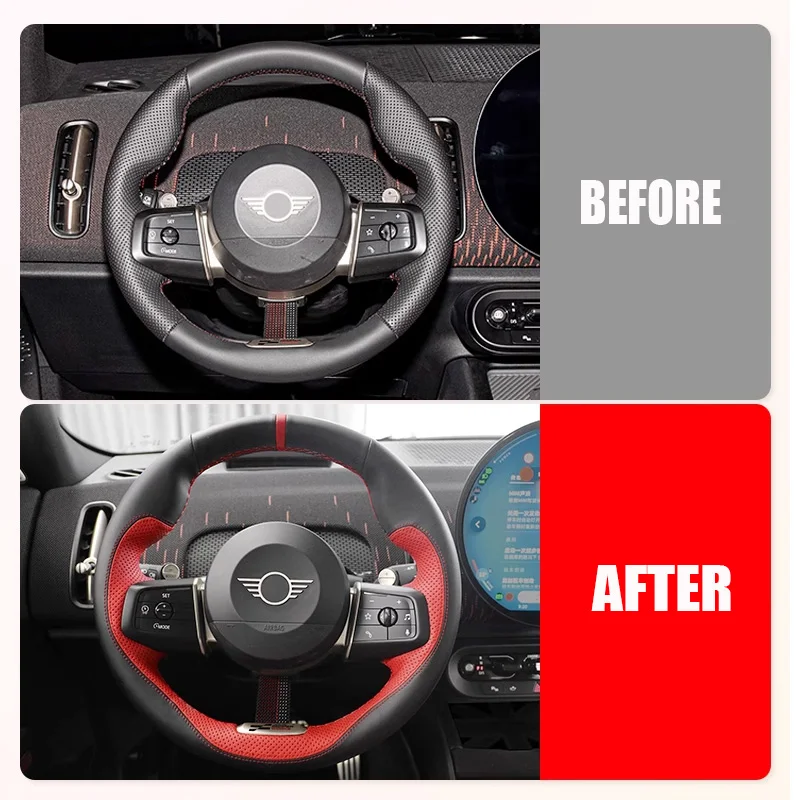 DIY Full coverage Sports style Steering Wheel Cover for Mini Cooper S Countryman U25 F65 F66 2024 2025 red leather Accessorie