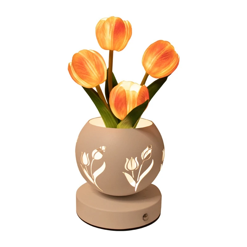 Tulip Night Light  Artificial Flower Desk Lamp With Cut-Out Vase USB Charging 3 Color Stepless Dimming Up Cute Table Lamp