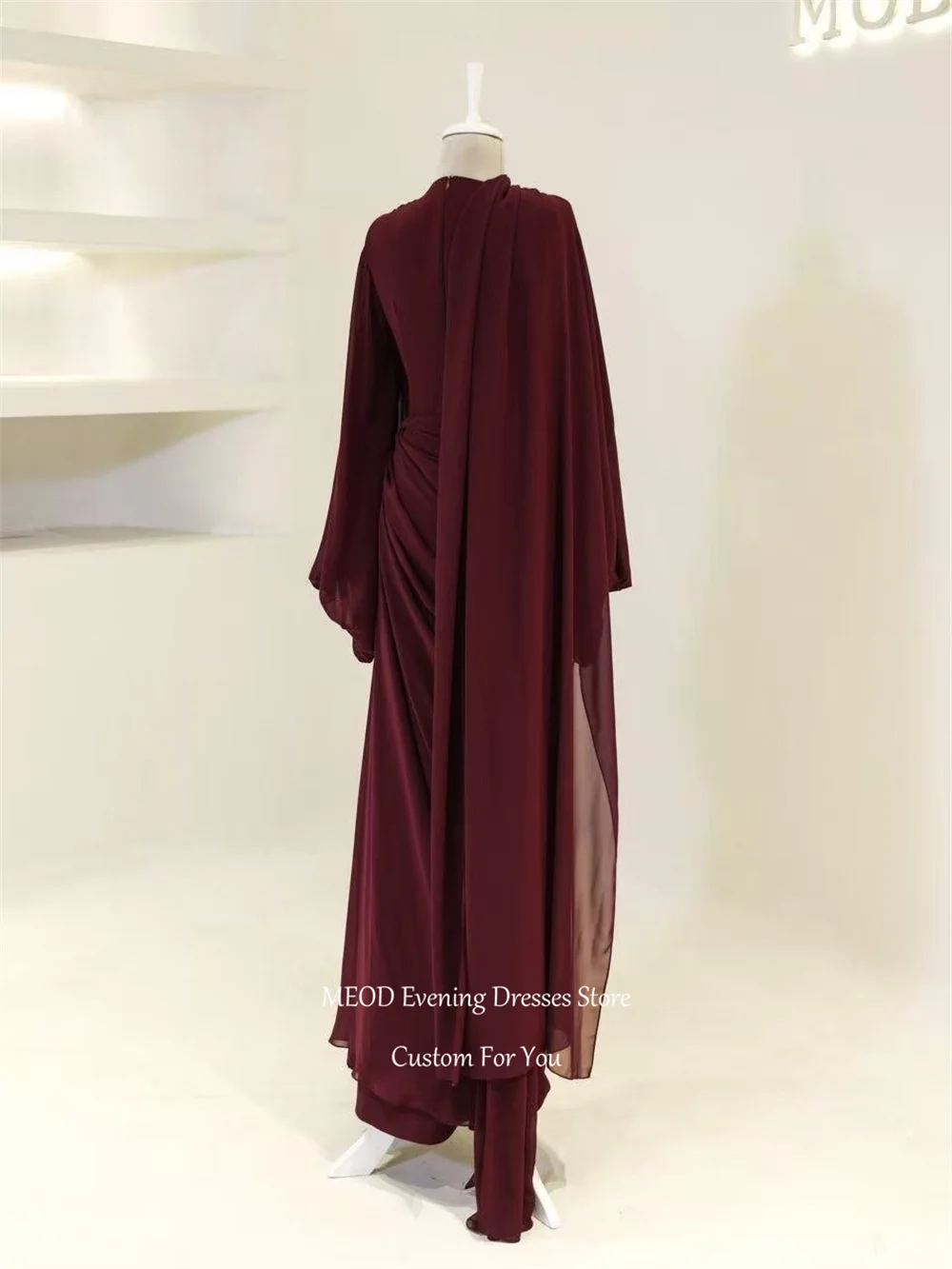 MEOD Sky Bule High Neck Muslim Evening Gown Long Sleeve Dubai Abendkleid Flower Chiffon A line فساتين سهرة Customized image 2