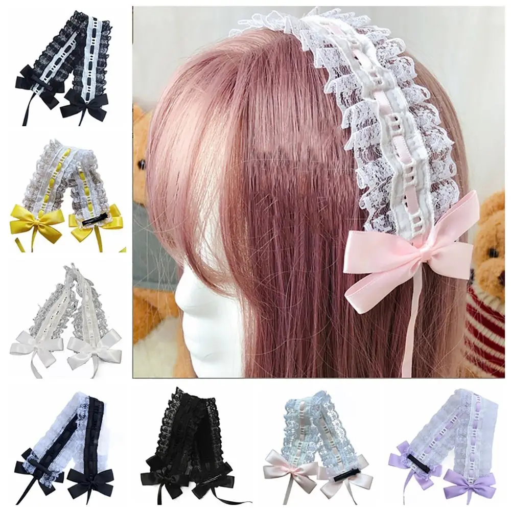 

Multicolor Lolita Headband Hair Accessories Lolita Bowknot Ribbon Headwear with Clips Photo Props Sweet Lace Hairband Female