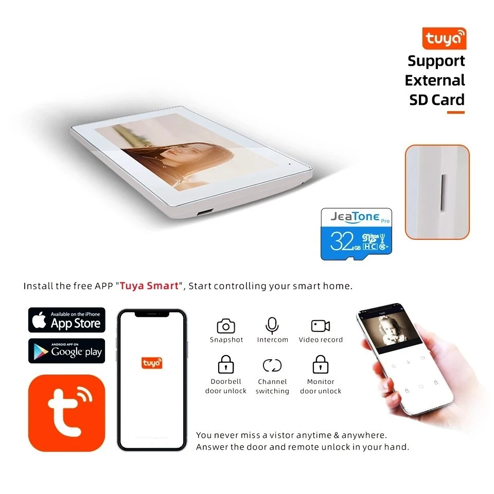 【Tuya 1080P】Jeatone 4-wire WiFi Video Intercom Security Protection System Password ID Card Unlock Apartment Video Call Panel