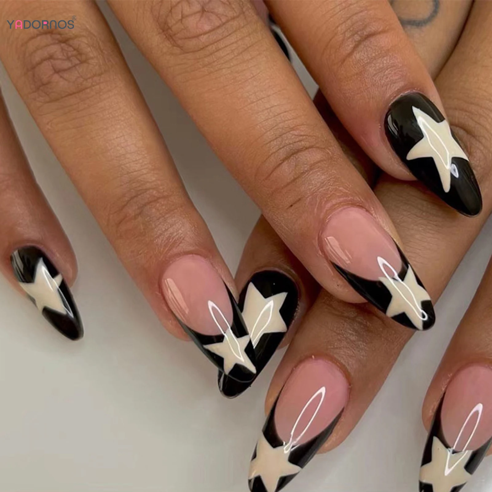 Estrela de cinco pontas unhas falsas, Y2K, preto, estilo francês, unhas postiças, amêndoa artificial, pressione nas unhas, branco, manicure DIY