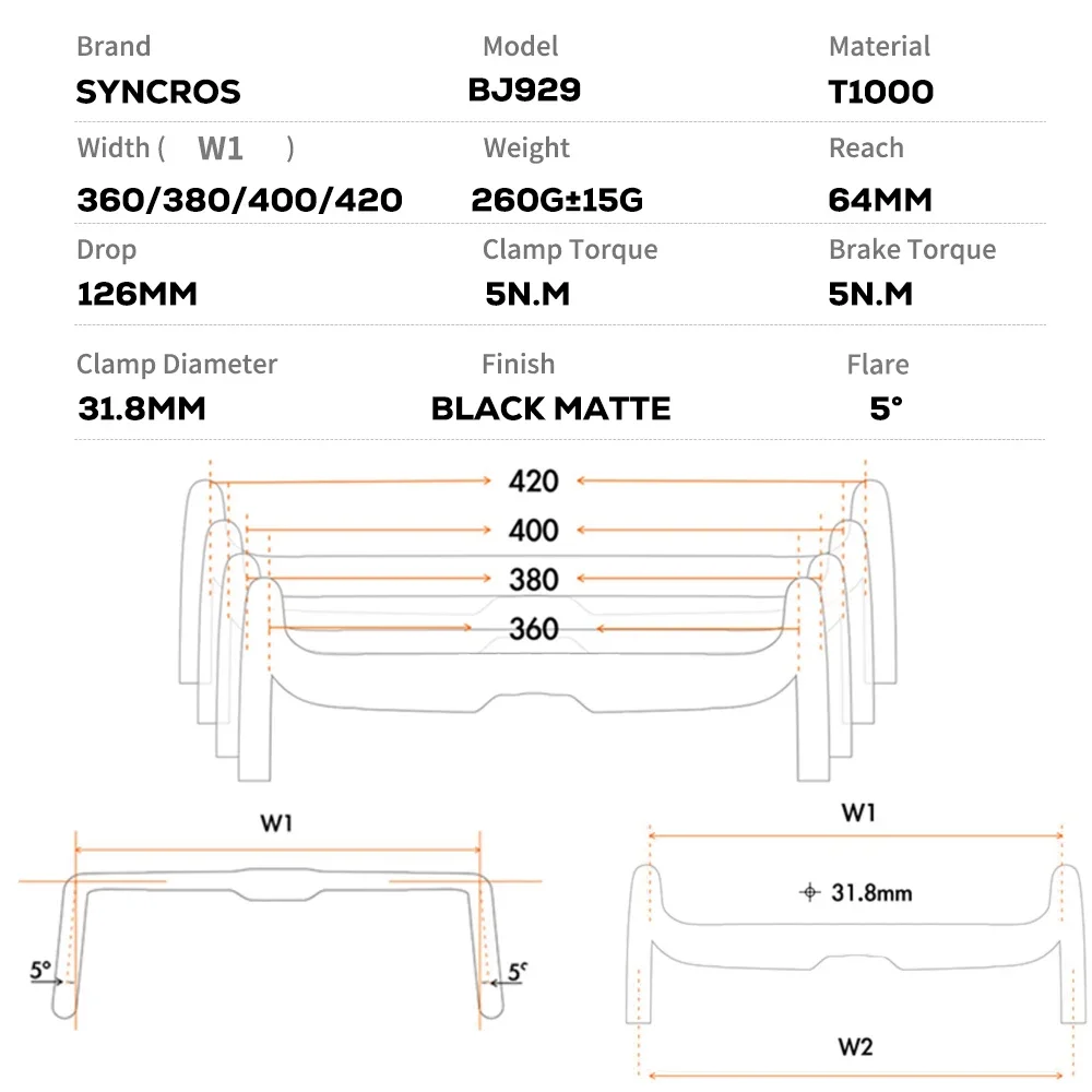 Syncros AERO T1000 Road Handlebar 360-420mm Black Matt Internal Routing Road Bicycle Gravel Cockpit Bicycle part