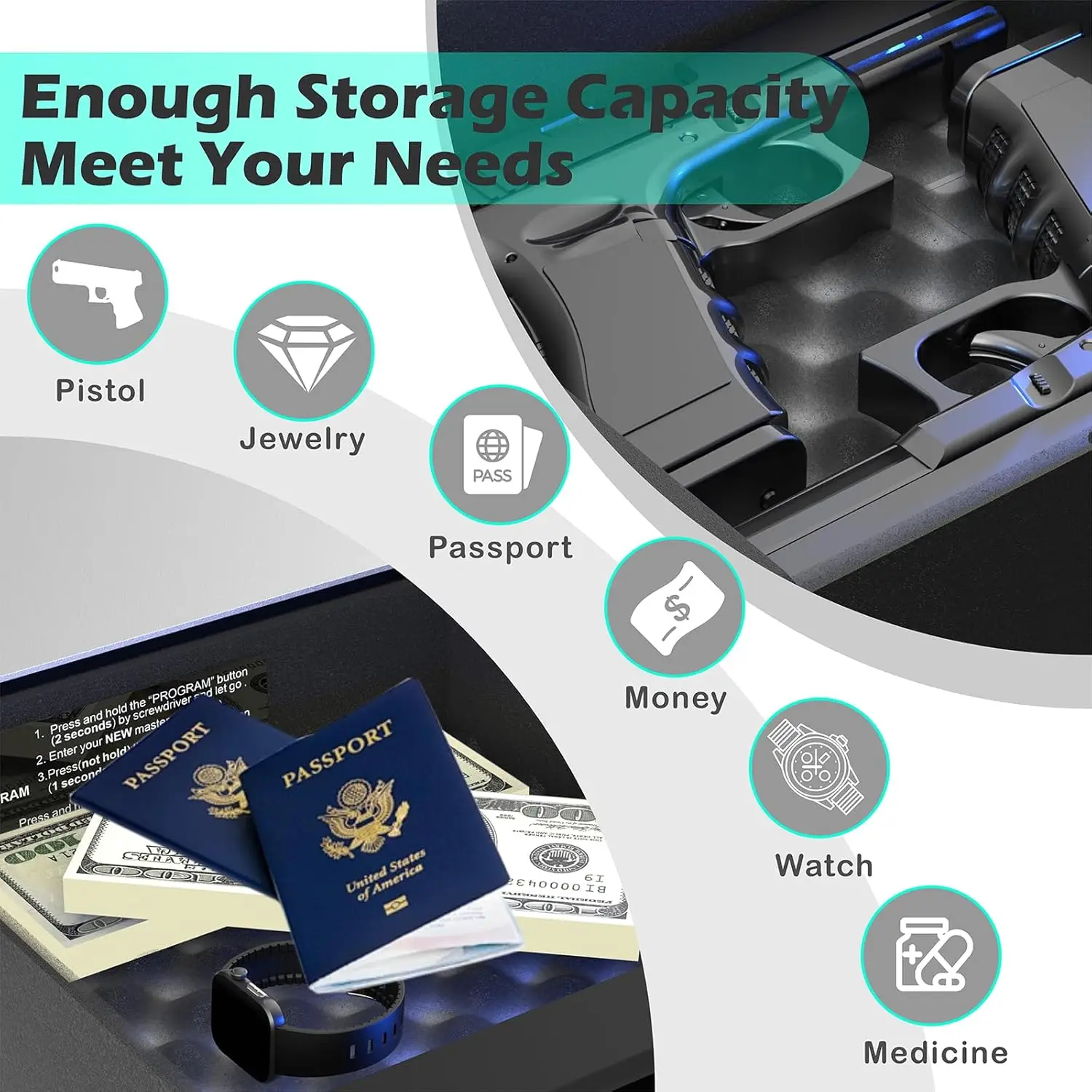 Smart Gun Safe with Security Cable - Biometric Pistol Safe for 2 Handgun 3 Ways Quick Access with Fingerprint/Keypad/Key, for Ni